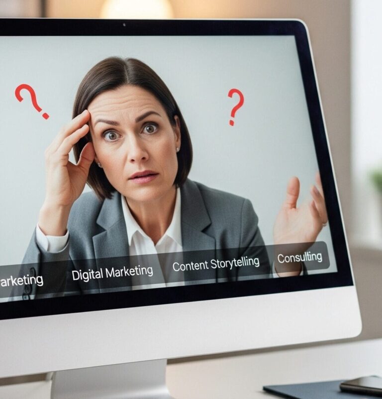 Unternehmerin überfordert von digitalen Marketing-Tools und sozialen Medien